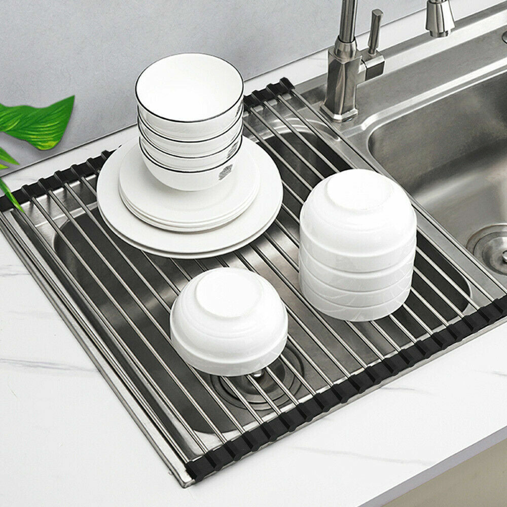 Kitchen Stainless Steel Sink Drain Rack Roll Up Dish Drying Drainer Mat